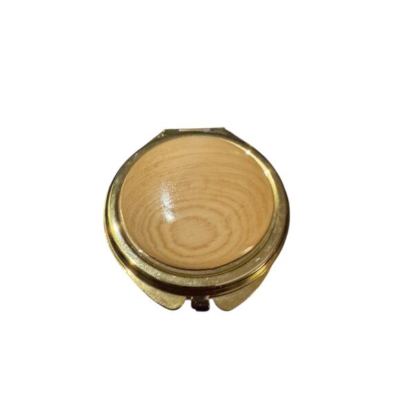 Vintage Compact Mirror Gold Tone Woodgrain Design Round Makeup Purse Accessory - Picture 2 of 5